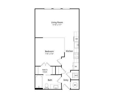 A floor plan of a small apartment with a living room, bedroom, kitchen, bathroom, and entry.